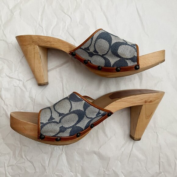Coach Brenda Logo Wooden Platform Heeled Sandals Sz 7 Blue Made in Italy - Picture 7 of 12